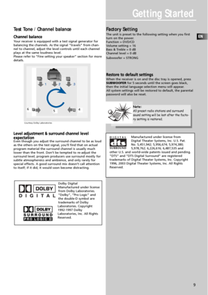 Page 11Getting Started
EN
9
Test Tone / Channel balance
Channel balance
Your receiver is equipped with a test signal generator for
balancing the channels. As the signal "travels" from chan-
nel to channel, adjust the level controls until each channel
plays at the same loudness level.
Please refer to “Fine setting your speaker” section for more
details.
Level adjustment & surround channel level 
expectation
Even though you adjust the surround channel to be as loud
as the others on the test signal,...