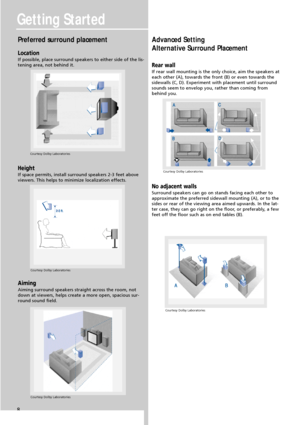 Page 10Getting Started
Preferred surround placement
Location
If possible, place surround speakers to either side of the lis-
tening area, not behind it.
Height
If space permits, install surround speakers 2-3 feet above
viewers. This helps to minimize localization effects.
Aiming
Aiming surround speakers straight across the room, not
down at viewers, helps create a more open, spacious sur-
round sound field.
Advanced Setting
Alternative Surround Placement
Rear wall
If rear wall mounting is the only choice, aim...