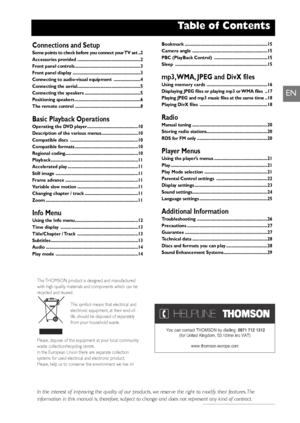 Page 31
Table of Contents
EN
Connections and SetupSome points to check before you connect your TV set ..2
Accessories provided ....................................................2
Front panel controls ......................................................3
Front panel display ........................................................3
Connecting to audio-visual equipment ......................4
Connecting the aerial....................................................5
Connecting the speakers...