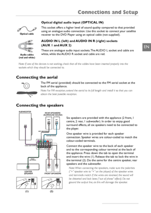 Page 7Connections and Setup
5
EN
Note: If one of the devices is not working, check that all the cables have been inserted properly into the
sockets which they should be connected to.
Connecting the aerial
The FM aerial (provided) should be connected to the FM aerial socket at the
back of the appliance.
Note: For FM reception, extend the aerial to its full length and install it so that you can
obtain the best possible reception.
Connecting the speakers
SPEAKERS  8Ω FR FL SR SL CEN SUB
4Ω
Six speakers are...
