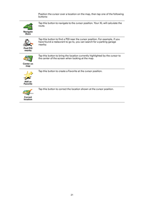 Page 2121
Position the cursor over a location on the map, then tap one of the following 
buttons:
Navigate 
there
Tap this button to navigate to the cursor position. Your XL will calculate the 
route. 
Find POI 
nearby
Tap this button to find a POI near the cursor position. For example, if you 
have found a restaurant to go to, you can search for a parking garage 
nearby.
Center on 
map
Tap this button to bring the location currently highlighted by the cursor to 
the center of the screen when looking at the...