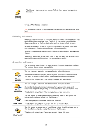 Page 2828
3. Tap Add and select a location.
Tip: You can add items to your Itinerary in any order and rearrange the order 
later.
Following an Itinerary
When you use an Itinerary to navigate, the route will be calculated to the first 
destination on the Itinerary. Your TomTom XL calculates the remaining 
distance and time to the first destination and not for the whole Itinerary.
As soon as you start to use an Itinerary, the route is calculated from your 
current position. You do not need to set a departure...