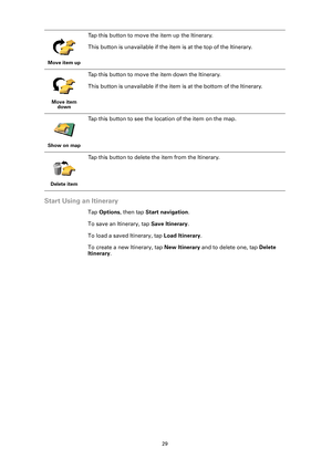Page 2929
Start Using an Itinerary
Tap Options, then tap Start navigation.
To save an Itinerary, tap Save Itinerary. 
To load a saved Itinerary, tap Load Itinerary.
To create a new Itinerary, tap New Itinerary and to delete one, tap Delete 
Itinerary. 
Move item up
Tap this button to move the item up the Itinerary.
This button is unavailable if the item is at the top of the Itinerary.
Move item 
down
Tap this button to move the item down the Itinerary.
This button is unavailable if the item is at the bottom of...