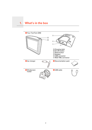 Page 2
What’s in the box1.
2
What’s in the boxaYour TomTom ONE
ACharging light
B On/off button
C Reset button
D Speaker
E USB connector
F RDS-TMC connector
b Car charger cDocumentation pack
d Windscreen 
holder e
USB cable
A
B
C
D
F
E 
