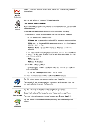 Page 19
19
Recent 
destination
Select a Favourite location from a list of places you have recently used as 
destinations.
Point of  Interest
You can add a Point of Interest (POI) as a Favourite. 
Does it make sense to do this?
If you visit a POI you particularly like,  for example a restaurant, you can add 
it as a Favourite.
To add a POI as a Favourite, tap this button, then do the following:
1. Narrow your choice of POIs by selecting the area where the POI is. 
You can select one of these options:
•POI near...