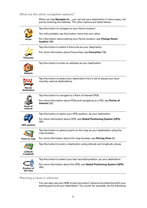 Page 9
9
What are the other navigation options?
When you tap Navigate to..., you can set your destination in many ways, not 
just by entering the address. The other options are listed below:
Planning a route in advance
You can also use your ONE to plan journeys in advance by selecting both your 
starting point and your destination. Yo u could, for example, do the following:
Home
Tap this button to navigate to your Home location.
You will probably use this button more than any other.
For information about...