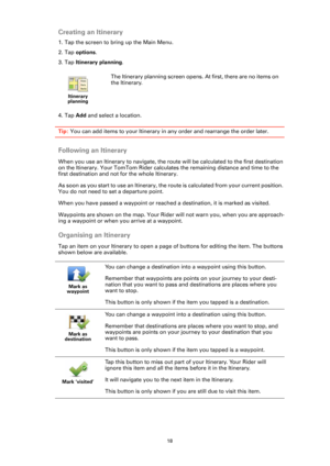 Page 1818
Creating an Itinerary
1. Tap the screen to bring up the Main Menu.
2. Tap options.
3. Tap Itinerary planning.
4. Tap Add and select a location.
Tip: You can add items to your Itinerary in any order and rearrange the order later. 
Following an Itinerary
When you use an Itinerary to navigate, the route will be calculated to the first destination 
on the Itinerary. Your TomTom Rider calculates the remaining distance and time to the 
first destination and not for the whole Itinerary.
As soon as you start...
