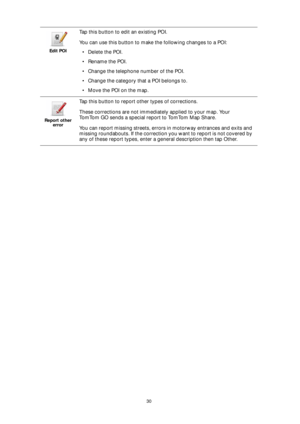 Page 3030 Edit POI
Tap this button to edit an existing POI.
You can use this button to make the following changes to a POI:
• Delete the POI.
• Rename the POI.
• Change the telephone number of the POI.
• Change the category that a POI belongs to.
• Move the POI on the map.
Report other 
error
Tap this button to report other types of corrections.
These corrections are not immediately applied to your map. Your 
TomTom GO sends a special report to TomTom Map Share.
You can report missing streets, errors in...