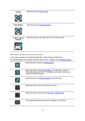 Page 1818 
 
 
 
Parking 
 
 
Select this button to find car parks. 
Petrol Station 
 
 
Select this button to find petrol stations. 
Traffic & Speed 
Cameras 
 
 
Select this button to use traffic with your RDS-TMC receiver. 
 
Main Menu smaller buttons and symbols 
On the map or guidance view, select the Main Menu button to open the Main Menu. 
The following buttons are available in the Main Menu screen, in addition to the navigation buttons: 
 
 
Select this button to open the Settings Menu. 
 
 
Select this...