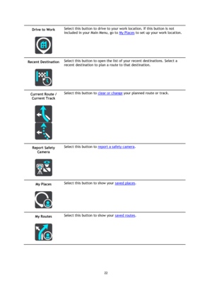 Page 2222 
 
 
 
Drive to Work 
 
 
Select this button to drive to your work location. If this button is not 
included in your Main Menu, go to My Places to set up your work location. 
Recent Destination 
 
 
Select this button to open the list of your recent destinations. Select a 
recent destination to plan a route to that destination. 
Current Route / 
Current Track 
 
 
 
Select this button to clear or change your planned route or track. 
Report Safety 
Camera 
 
 
Select this button to report a safety...