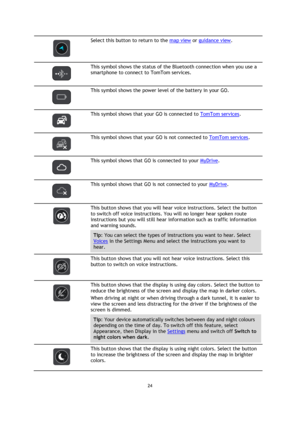 Page 2424 
 
 
 
 
 
Select this button to return to the map view or guidance view. 
 
 
This symbol shows the status of the Bluetooth connection when you use a 
smartphone to connect to TomTom services. 
 
 
This symbol shows the power level of the battery in your GO. 
 
 
This symbol shows that your GO is connected to TomTom services. 
 
 
This symbol shows that your GO is not connected to TomTom services. 
 
 
This symbol shows that GO is connected to your MyDrive. 
 
 
This symbol shows that GO is not...