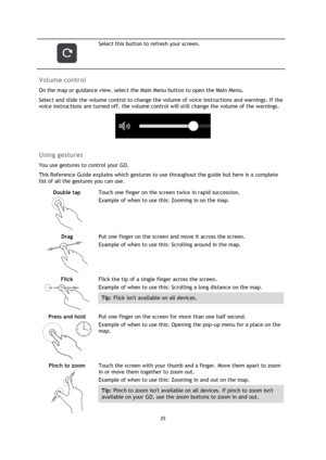 Page 2525 
 
 
 
 
 
Select this button to refresh your screen. 
 
Volume control 
On the map or guidance view, select the Main Menu button to open the Main Menu. 
Select and slide the volume control to change the volume of voice instructions and warnings. If the 
voice instructions are turned off, the volume control will still change the volume of the warnings. 
 
 
Using gestures 
You use gestures to control your GO.  
This Reference Guide explains which gestures to use throughout the guide but here is a...