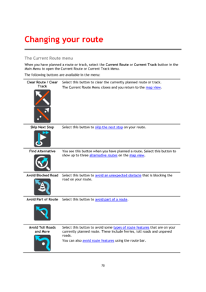 Page 7070 
 
 
 
The Current Route menu 
When you have planned a route or track, select the Current Route or Current Track button in the 
Main Menu to open the Current Route or Current Track Menu. 
The following buttons are available in the menu: 
Clear Route / Clear 
Track 
  
  
Select this button to clear the currently planned route or track. 
The Current Route Menu closes and you return to the map view. 
Skip Next Stop 
  
Select this button to skip the next stop on your route. 
Find Alternative 
  
You see...
