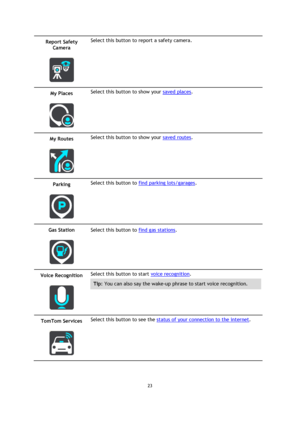 Page 2323 
 
 
 
Report Safety 
Camera 
 
 
Select this button to report a safety camera. 
My Places 
 
 
Select this button to show your saved places. 
My Routes 
 
 
Select this button to show your saved routes. 
Parking 
 
 
Select this button to find parking lots/garages. 
Gas Station 
 
 
Select this button to find gas stations. 
Voice Recognition 
 
 
Select this button to start voice recognition. 
Tip: You can also say the wake-up phrase to start voice recognition. 
TomTom Services 
 
 
Select this...