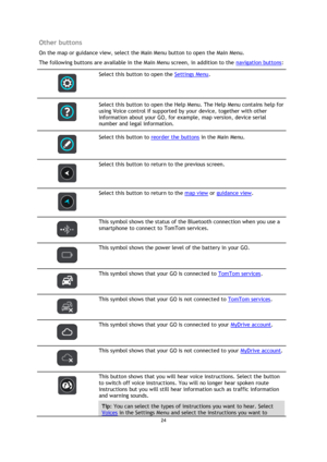 Page 2424 
 
 
 
Other buttons 
On the map or guidance view, select the Main Menu button to open the Main Menu. 
The following buttons are available in the Main Menu screen, in addition to the navigation buttons: 
 
 
Select this button to open the Settings Menu. 
 
 
Select this button to open the Help Menu. The Help Menu contains help for 
using Voice control if supported by your device, together with other 
information about your GO, for example, map version, device serial 
number and legal information....
