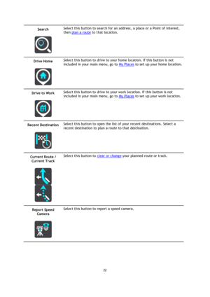 Page 2222 
 
 
 
Search 
 
 
Select this button to search for an address, a place or a Point of Interest, 
then plan a route to that location. 
Drive Home 
 
 
Select this button to drive to your home location. If this button is not 
included in your main menu, go to My Places to set up your home location. 
Drive to Work 
 
 
Select this button to drive to your work location. If this button is not 
included in your main menu, go to My Places to set up your work location. 
Recent Destination 
 
 
Select this...