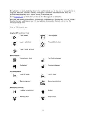 Page 4646 
 
 
 
Every location on Earth, including those in the sea like islands and oil rigs, can be represented by a 
mapcode. Mapcodes are short, and easy to recognise, remember and communicate. They are 
precise to a few metres, which is good enough for every-day use.  
Go to mapcode.com for instructions on how to find the mapcode for a location. 
Mapcodes are more precise and more flexible than the address on a business card. You can choose a 
location that you want to associate with your address, for...