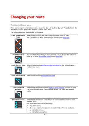 Page 7070 
 
 
 
The Current Route Menu 
When you have planned a route or track, select the Current Route or Current Track button in the 
Main Menu to open the Current Route or Current Track Menu. 
The following buttons are available in the menu: 
Clear Route / Clear 
Track 
  
  
Select this button to clear the currently planned route or track. 
The Current Route Menu closes and you return to the map view. 
Find Alternative 
  
You see this button when you have planned a route. Select this button to 
show up...