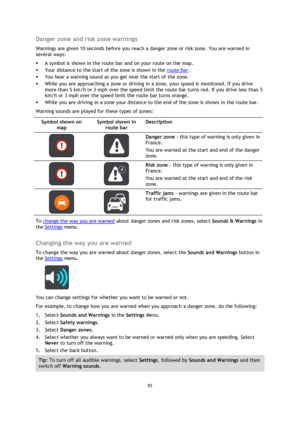 Page 9393 
 
 
 
Danger zone and risk zone warnings 
Warnings are given 10 seconds before you reach a danger zone or risk zone. You are warned in 
several ways: 
 A symbol is shown in the route bar and on your route on the map. 
 Your distance to the start of the zone is shown in the route bar.  
 You hear a warning sound as you get near the start of the zone. 
 While you are approaching a zone or driving in a zone, your speed is monitored. If you drive 
more than 5 km/h or 3 mph over the speed limit the...