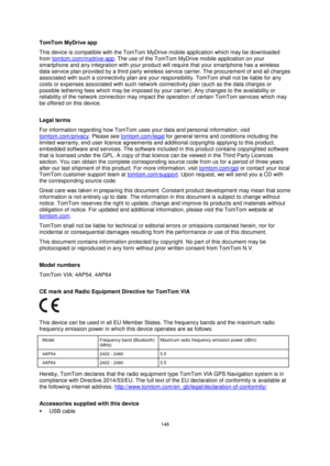 Page 146146 
 
 
 
TomTom MyDrive app 
This device is compatible with the TomTom MyDrive mobile application which may be downloaded 
from tomtom.com/mydrive-app. The use of the TomTom MyDrive mobile application on your 
smartphone and any integration with your product will require that your smartphone has a wireless 
data service plan provided by a third party wireless service carrier. The procurement of and all charges 
associated with such a connectivity plan are your responsibility. TomTom shall not be liable...