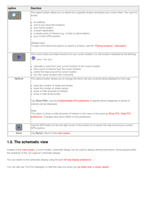 Page 22
option function 
The search button allows you to search for a specific location and place\
 your cursor there. You use it to 
locate: 
l     an address
l     one of your favourite locations
l     your home location
l     a recent destination
l     a nearby point of interest (e.g. a hotel or petrol station)
l     your current GPS position
Related topic: 
To learn more about the options to search a location, see the 
Picking locations  description. 
The cursor button provides functions for your cursor...