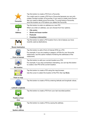 Page 7171 
 
 
 
 
 
Favourite  
Tap this button to create a POI from a Favourite. 
You might want to create a POI from a Favourite because you can only 
create a limited number of Favourites. If you want to create more Favour-
ites you need to delete some Favourites. To avoid losing a Favourite, 
save the location as a POI before you delete the Favourite. 
 
Address  
Tap this button to enter an address as a new POI. 
When you enter an address, you can choose from four options. 
 City centre 
 Street and...
