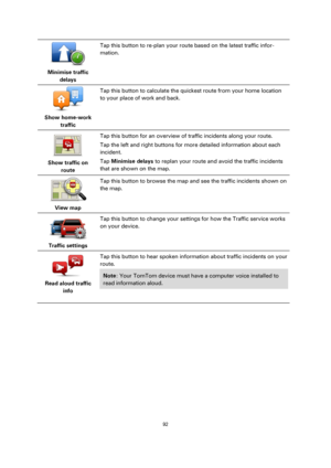 Page 9292 
 
 
 
 
Minimise traffic 
delays  
Tap this button to re-plan your route based on the latest traffic infor-
mation. 
 
Show home-work 
traffic  
Tap this button to calculate the quickest route from your home location 
to your place of work and back. 
 
Show traffic on 
route  
Tap this button for an overview of traffic incidents along your route. 
Tap the left and right buttons for more detailed information about each 
incident. 
Tap Minimise delays to replan your route and avoid the traffic...