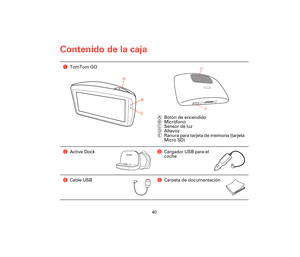 Page 3940
Contenido de la caja
Conteni-
do de la 
cajaaTomTom GO
ABotón de encendido
BMicrófono
CSensor de luz
DAltavoz
ERanura para tarjeta de memoria (tarjeta 
Micro SD)
bActive DockcCargador USB para el 
coche
dCable USBeCarpeta de documentación
A
B
C
D
E
Treviso-UG-NONLIVE-NoTMC.book  Page 40  Wednesday, September 2, 2009  11:25 AM 