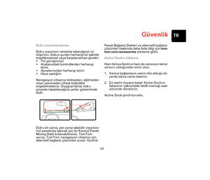 Page 52Güvenlik
53
TR
GüvenlikDoku konumlandırma
Doku aracınızın neresine takacağınızı iyi 
düşünün. Dokun şunları herhangi bir şekilde 
engellememesi veya karşılamaması gerekir:
•Yol görüşünüzü
• Arabanızdaki kontrollerden herhangi 
birini
•Aynalarınızdan herhangi birini
• Hava yastığını
Navigasyon cihazınız doktayken, eğilmeden 
veya uzanmadan cihaza kolaylıkla 
erişebilmelisiniz. Diyagramlarda doku 
güvenle takabileceğiniz yerler gösterilmek-
tedir.
Doku ön cama, yan cama takabilir veya kon-
trol panelinize...