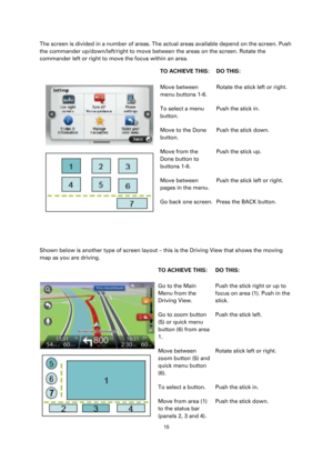 Page 1515 
 
 
 
The screen is divided in a number of areas. The actual areas available depend on the screen. Push 
the commander up/down/left/right to move between the areas on the screen. Rotate the 
commander left or right to move the focus within an area. 
  
TO ACHIEVE THIS: DO THIS: 
 
 
Move between 
menu buttons 1-6. 
Rotate the stick left or right. 
To select a menu 
button. 
Push the stick in. 
Move to the Done 
button. 
Push the stick down. 
Move from the 
Done button to 
buttons 1-6. 
Push the stick...