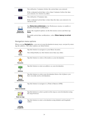 Page 2424
Navigation menu options
When you tap Navigate to..., you can set your destination in many ways, not just by enter-
ing the address. The other options are listed below:You will arrive 3 minutes before the arrival time you entered. 
If the estimated arrival time is less than 5 minutes before the time 
you entered, it is shown in yellow.
You will arrive 19 minutes late.
If the estimated arrival time is later than the time you entered, it is 
shown in red.
Status bar 
preferences
Ta p  Status bar...