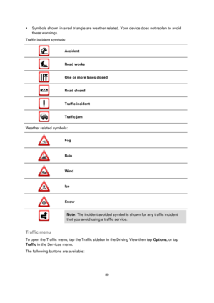 Page 8080 
 
 
 
 Symbols shown in a red triangle are weather related. Your device does not replan to avoid 
these warnings. 
Traffic incident symbols: 
 
Accident 
 
Road works 
 
One or more lanes closed 
 
Road closed 
 
Traffic incident 
 
Traffic jam 
Weather related symbols: 
 
Fog 
 
Rain 
 
Wind 
 
Ice 
 
Snow 
 
 
 
Note: The incident avoided symbol is shown for any traffic incident 
that you avoid using a traffic service. 
 
Traffic menu 
To open the Traffic menu, tap the Traffic sidebar in the...