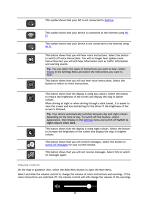 Page 2626 
 
 
 
 
 
This symbol shows that your GO is not connected to MyDrive. 
 
 
This symbol shows that your device is connected to the internet using Wi 
Fi. 
 
 
This symbol shows that your device is not connected to the internet using 
Wi Fi. 
 
 
This button shows that you will hear voice instructions. Select the button 
to switch off voice instructions. You will no longer hear spoken route 
instructions but you will still hear information such as traffic information 
and warning sounds. 
Tip: You can...