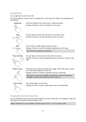 Page 2727 
 
 
 
 
Using gestures 
You use gestures to control your GO.  
In this User Manual, you learn how to use gestures to control your GO. Below is an explanation of 
each gesture. 
Double tap 
  
Touch one finger on the screen twice in rapid succession. 
Example of when to use this: Zooming in on the map. 
Drag 
  
Put one finger on the screen and move it across the screen. 
Example of when to use this: Scrolling around in the map. 
Flick 
  
Flick the tip of a single finger across the screen. 
Example...