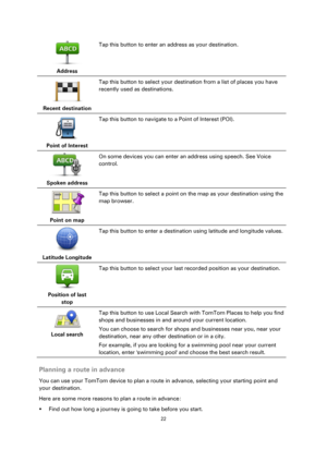 Page 2222 
 
 
 
 
Address  
Tap this button to enter an address as your destination. 
 
Recent destination  
Tap this button to select your destination from a list of places you have 
recently used as destinations. 
 
Point of Interest  
Tap this button to navigate to a Point of Interest (POI). 
 
Spoken address  
On some devices you can enter an address using speech. See Voice 
control. 
 
Point on map  
Tap this button to select a point on the map as your destination using the 
map browser. 
 
Latitude...