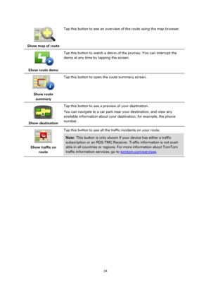 Page 2424 
 
 
 
 
Show map of route  
Tap this button to see an overview of the route using the map browser. 
 
Show route demo  
Tap this button to watch a demo of the journey. You can interrupt the 
demo at any time by tapping the screen. 
 
Show route 
summary  
Tap this button to open the route summary screen. 
 
Show destination  
Tap this button to see a preview of your destination. 
You can navigate to a car park near your destination, and view any 
available information about your destination, for...