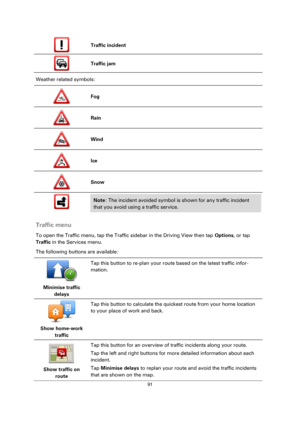 Page 9191 
 
 
 
 
Traffic incident 
 
Traffic jam 
Weather related symbols: 
 
Fog 
 
Rain 
 
Wind 
 
Ice 
 
Snow 
 
 
 
Note: The incident avoided symbol is shown for any traffic incident 
that you avoid using a traffic service. 
 
Traffic menu 
To open the Traffic menu, tap the Traffic sidebar in the Driving View then tap Options, or tap 
Traffic in the Services menu. 
The following buttons are available: 
 
Minimise traffic 
delays  
Tap this button to re-plan your route based on the latest traffic infor-...