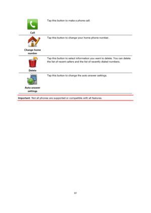Page 6767 
 
 
 
 
Call  
Tap this button to make a phone call. 
 
Change home 
number  
Tap this button to change your home phone number. 
 
Delete  
Tap this button to select information you want to delete. You can delete 
the list of recent callers and the list of recently dialed numbers. 
 
Auto-answer 
settings  
Tap this button to change the auto-answer settings. 
Important: Not all phones are supported or compatible with all features.  