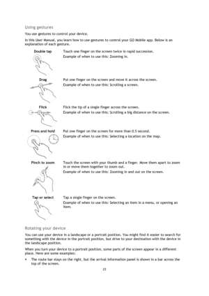 Page 2323 
 
 
 
Using gestures 
You use gestures to control your device.  
In this User Manual, you learn how to use gestures to control your GO Mobile app. Below is an 
explanation of each gesture. 
Double tap 
  
Touch one finger on the screen twice in rapid succession. 
Example of when to use this: Zooming in. 
Drag 
  
Put one finger on the screen and move it across the screen. 
Example of when to use this: Scrolling a screen. 
Flick 
  
Flick the tip of a single finger across the screen. 
Example of when...