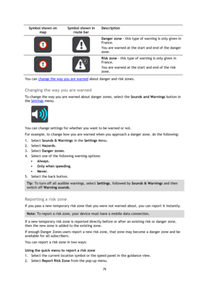 Page 7979 
 
 
 
Symbol shown on 
map 
Symbol shown in 
route bar 
Description 
   
Danger zone - this type of warning is only given in 
France. 
You are warned at the start and end of the danger 
zone. 
   
Risk zone - this type of warning is only given in 
France. 
You are warned at the start and end of the risk 
zone. 
You can change the way you are warned about danger and risk zones.  
Changing the way you are warned 
To change the way you are warned about danger zones, select the Sounds and Warnings button...