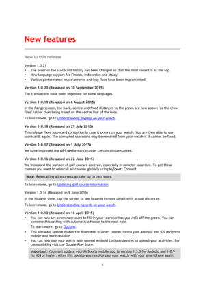 Page 55 
 
 
 
New in this release 
Version 1.0.21 
 The order of the scorecard history has been changed so that the most recent is at the top. 
 New language support for Finnish, Indonesian and Malay. 
 Various performance improvements and bug fixes have been implemented. 
Version 1.0.20 (Released on 30 September 2015) 
The translations have been improved for some languages. 
Version 1.0.19 (Released on 6 August 2015) 
In the Range screen, the back, centre and front distances to the green are now shown as...