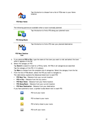 Page 4242 
 
 
 
 
POI Near Home 
 
Tap this button to choose from a list of POIs near  to your Home 
location.  
 
The following options are available when a route is already planned:  
 
POI Along Route 
 
Tap this button to find a POI along your planned route. 
 
POI Near Destina-
tion
 
 
Tap this button to find a POI near your planned destination.  
5.  If you selected  POI in City, type the name of the town you want to visit and select the town 
when it appears in the list.  
6.   Select the category of...