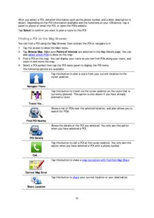 Page 4343 
 
 
 
After you select a POI, detailed information such as the phone number and a short description is 
shown. Depending on the POI information available and the functions on your iOS device, tap a 
panel to phone or email the POI, or open the POIs website.  
Tap  Select  to confirm you want to plan a route to this POI.  
 
Finding a POI on the Map Browser  
You can find a POI using the Map Browser then contact the POI or navigate to it.  
1.   Tap the screen to show the Main menu.  
2.   Tap  Browse...