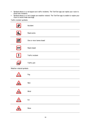 Page 5555 
 
 
 
   Symbols shown in a red square are traffic incidents. The TomTom a pp can replan your route to 
avoid new incidents.  
   Symbols shown in a red triangle are weather -related. The TomTom app is unable to replan your 
route to avoid these warnings.  
Traffic incident symbols:  
 
Accident 
 
Road works  
 
One or more lanes closed  
 
Road closed 
 
Traffic incident  
 
Traffic jam 
Weather-related symbols:  
 
Fog 
 
Rain  
 
Wind  
 
Ice 
 
Snow  
  