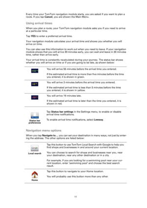 Page 1111
Every time your TomTom navigation module starts, you are asked if you want to plan a 
route. If you tap Cancel, you are shown the Main Menu.
Using arrival times
When you plan a route, your TomTom navigation module asks you if you need to arrive 
at a particular time.
Tap YES to enter a preferred arrival time.
Your navigation module calculates your arrival time and shows you whether you will 
arrive on time.
You can also use this information to work out when you need to leave. If your navigation...