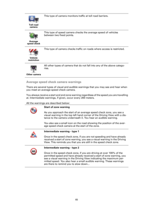 Page 6565
Average speed check camera warnings
There are several types of visual and audible warnings that you may see and hear when 
you meet an average speed check camera. 
You always receive a start and end zone warning regardless of the speed you are travelling 
at. Intermediate warnings, if given, occur every 200 meters.
All the warnings are described below:
Toll road 
camera
This type of camera monitors traffic at toll road barriers.
Average 
speed check
This type of speed camera checks the average speed...