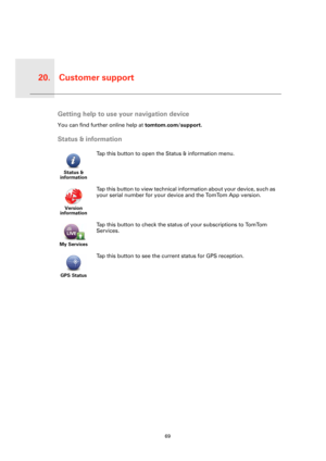 Page 69Customer support20.
69
Cus-
tomer 
sup-
portGetting help to use your navigation device
You can find further online help at tomtom.com/support.
Status & information
Status & 
information
Tap this button to open the Status & information menu.
Version 
information
Tap this button to view technical information about your device, such as 
your serial number for your device and the TomTom App version.
My Services
Tap this button to check the status of your subscriptions to TomTom 
Services.
GPS Status
Tap this...