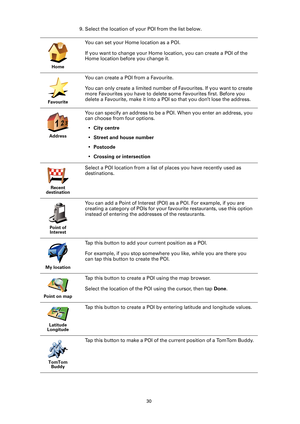 Page 3030
9. Select the location of your POI from the list below.
Home
You can set your Home location as a POI.
If you want to change your Home location, you can create a POI of the 
Home location before you change it.
Favourite
You can create a POI from a Favourite.
You can only create a limited number of Favourites. If you want to create 
more Favourites you have to delete some Favourites first. Before you 
delete a Favourite, make it into a POI so that you don’t lose the address.
Address
You can specify an...