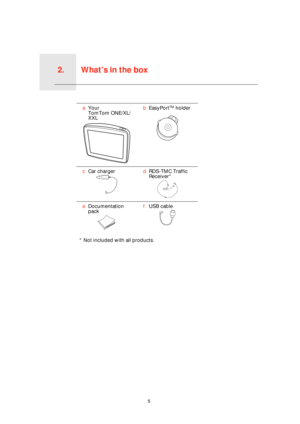 Page 5What’s in the box2.
5
What’s in the box
* Not included with all products.aYour 
TomTom ONE/XL/
XXLbEasyPort
TM holder
cCar chargerdRDS-TMC Traffic 
Receiver*
eDocumentation 
packfUSB cable 