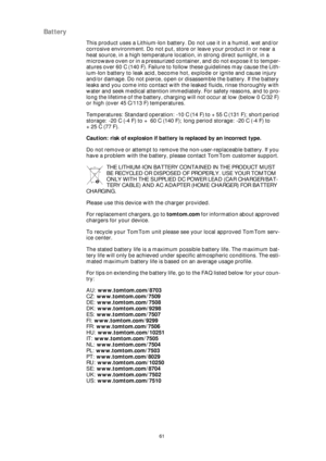 Page 6161
Battery
This product uses a Lithium-Ion battery. Do not use it in a humid, wet and/or 
corrosive environment. Do not put, store or leave your product in or near a 
heat source, in a high temperature location, in strong direct sunlight, in a 
microwave oven or in a pressurized container, and do not expose it to temper-
atures over 60 C (140 F). Failure to follow these guidelines may cause the Lith-
ium-Ion battery to leak acid, become hot, explode or ignite and cause injury 
and/or damage. Do not...